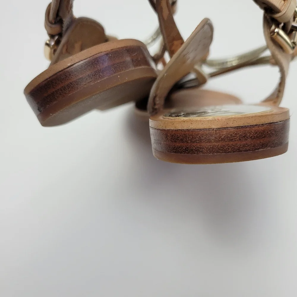 Coach Beige and Metallic Gold Leather T-Strap Sandals - Picture 11 of 16